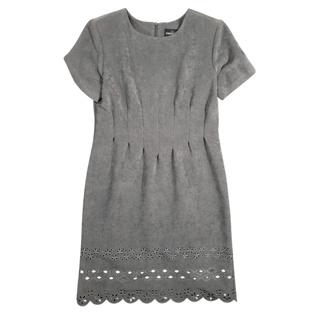 John Roberts Womens Sheath Dress Size 8 Gray Eyelet‎ Hem Faux Suede Vintage